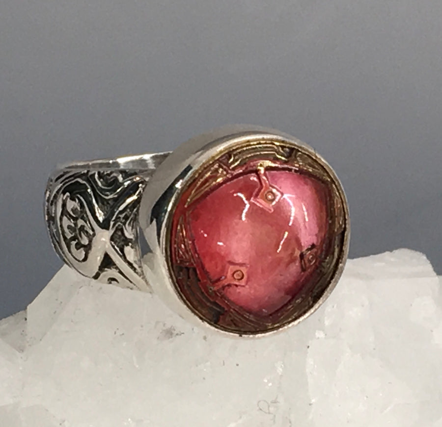Victorian Pink Design Under Glass Czech Glass set in Brass Button set In Sterling Silver Ring Size 7.5