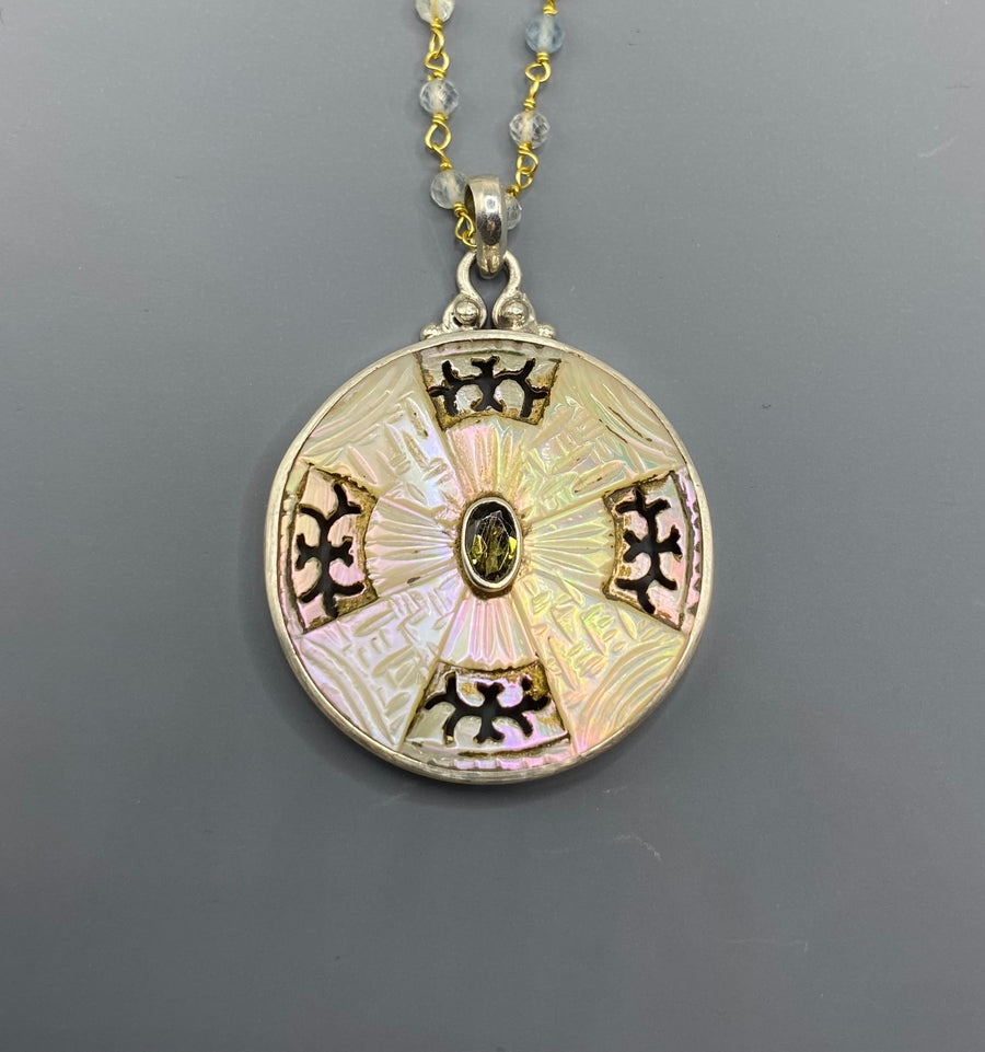 Victorian Carved Shell Button w/ Tourmaline set in Sterling silver w/ 20" Aquamarine Necklace