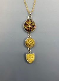 Antique 3 Button Drop Enamel Floral Button & Carved Brass Buttons set in Sterling Silver Pendant accented with Stone Facet Rosary Necklace