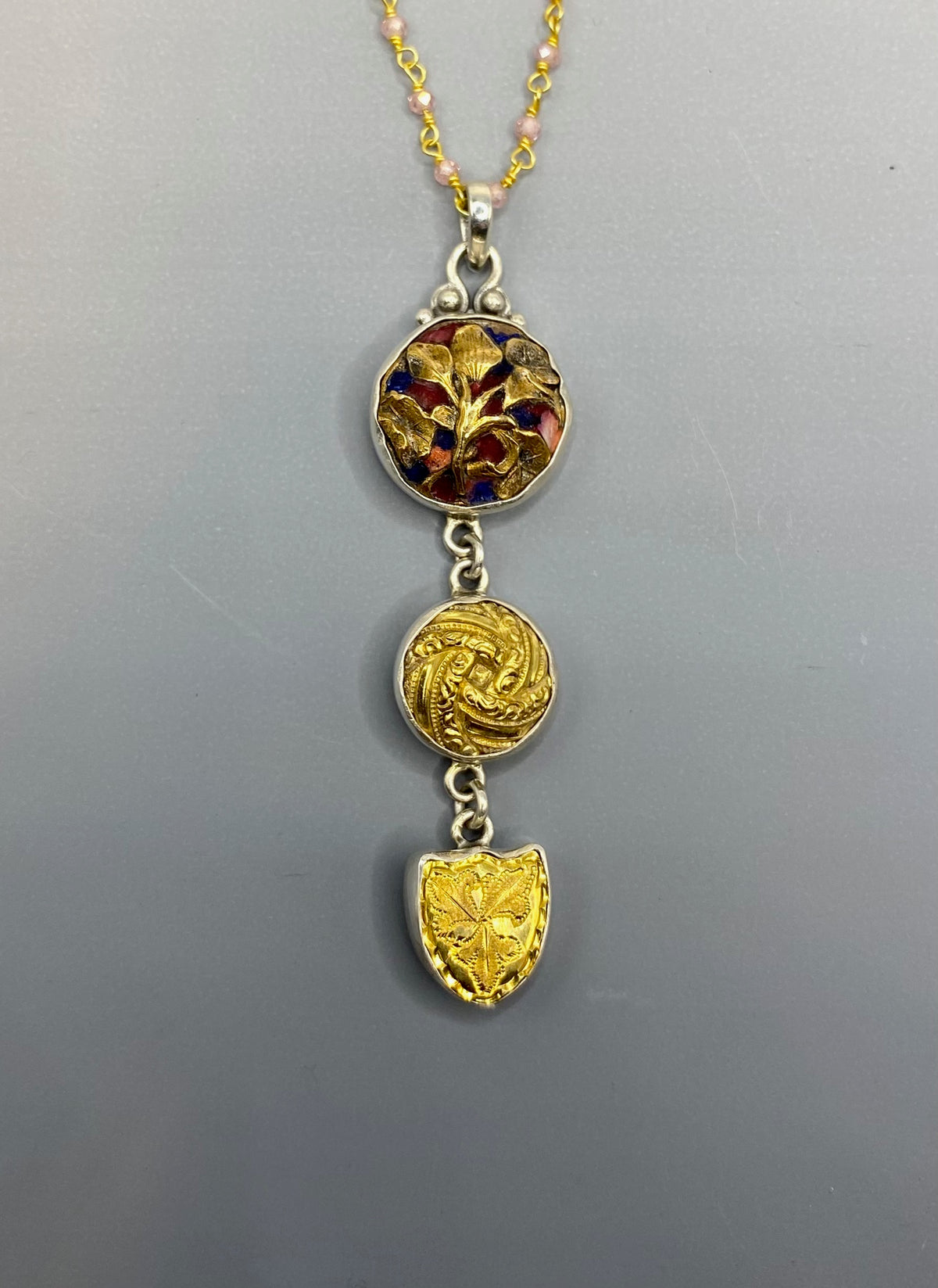 Antique 3 Button Drop Enamel Floral Button & Carved Brass Buttons set in Sterling Silver Pendant accented with Stone Facet Rosary Necklace