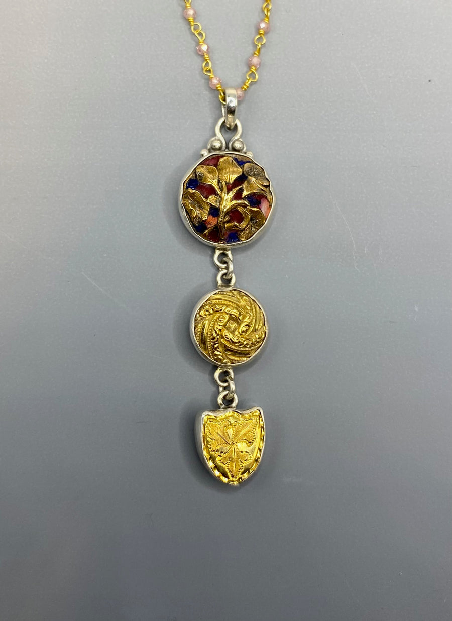 Antique 3 Button Drop Enamel Floral Button & Carved Brass Buttons set in Sterling Silver Pendant accented with Stone Facet Rosary Necklace