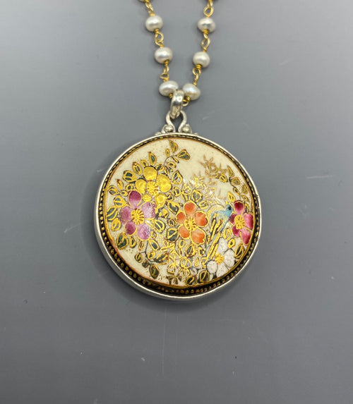 Hand Painted Floral Satsuma Button W/ 24KGold Painted Accent set in Sterling silver Pearl Facet Necklace