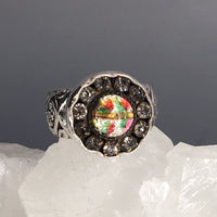 Victorian Ornate Czech Glass set in Rhinestone Metal Button set in Sterling Silver Ring Size 7.5
