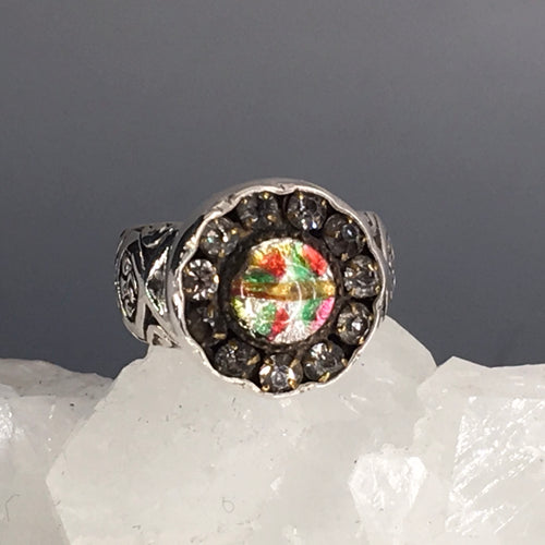 Victorian Ornate Czech Glass set in Rhinestone Metal Button set in Sterling Silver Ring Size 7.5