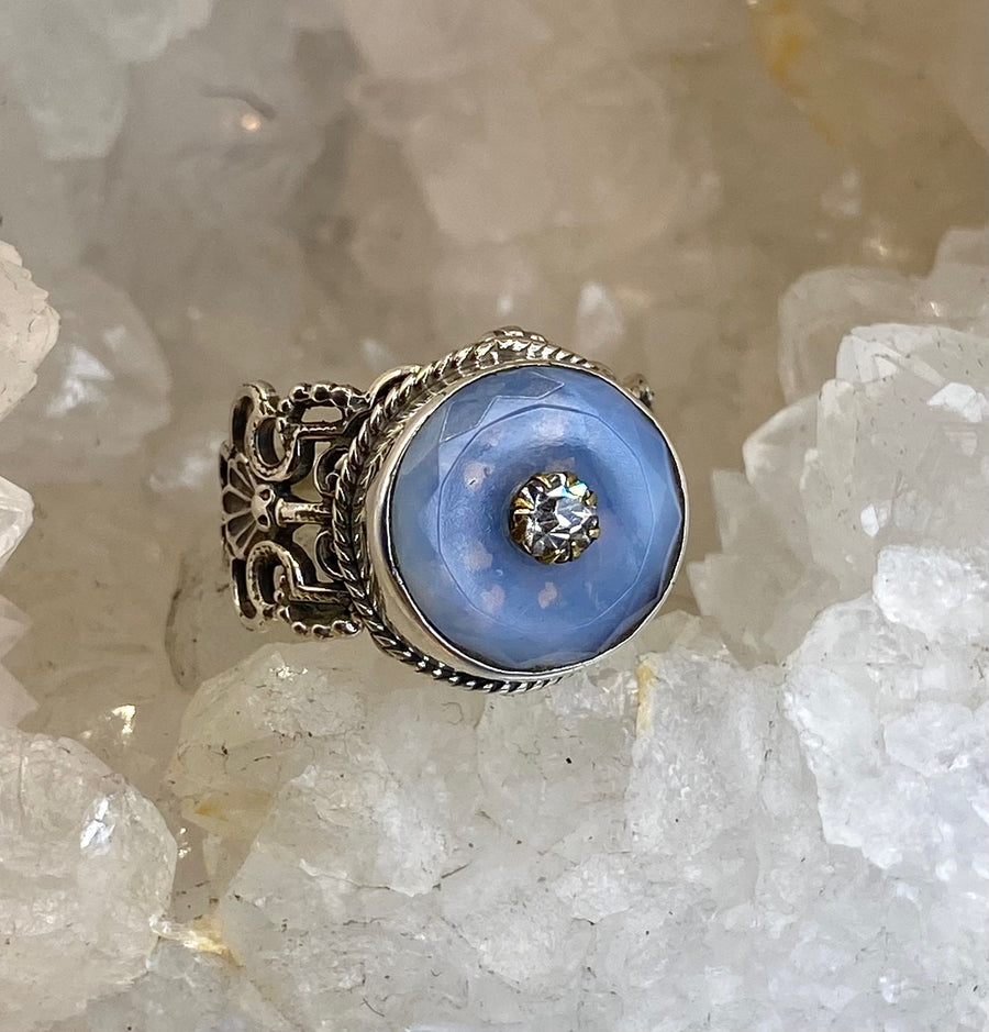 Vintage Czech Republic Opalescent Facet Glass Button set in Sterling Silver Ring Size 7