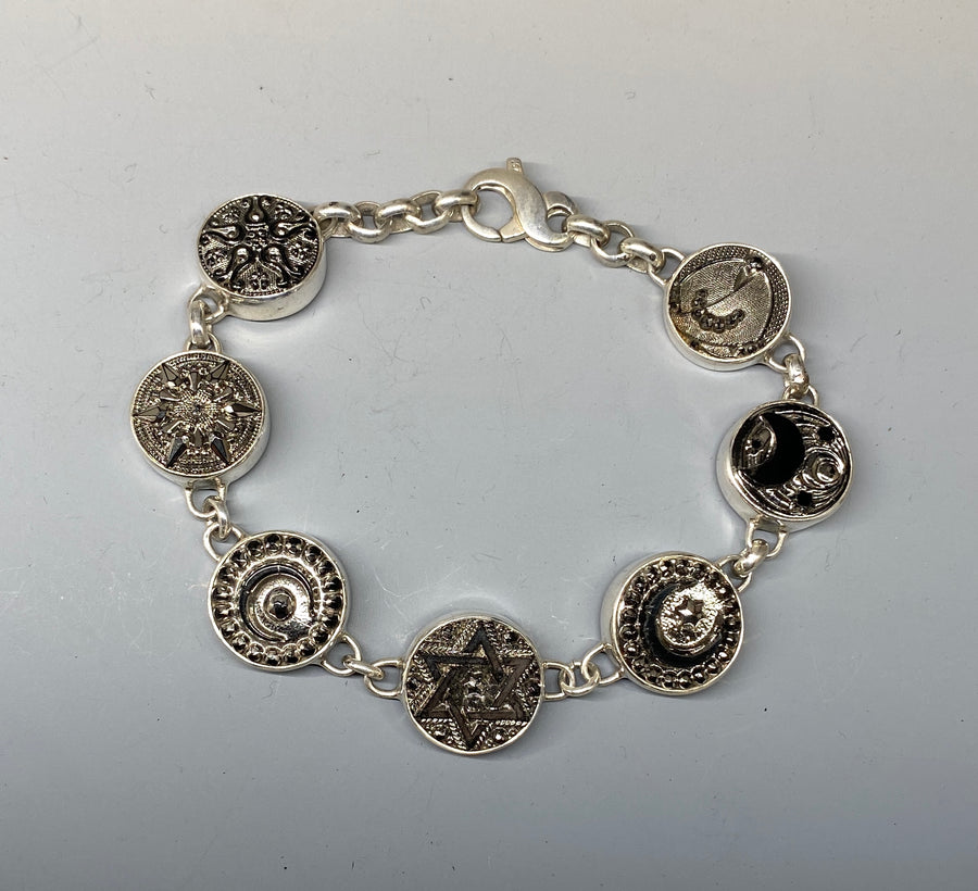 Early 1900s Czech Republic Silver Luster Glass Buttons set in Sterling Silver Bracelet
