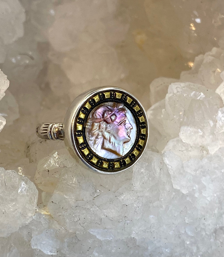 Victorian Carved Shell Cameo Button set in  Sterling Silver Ring Size 7-3/4