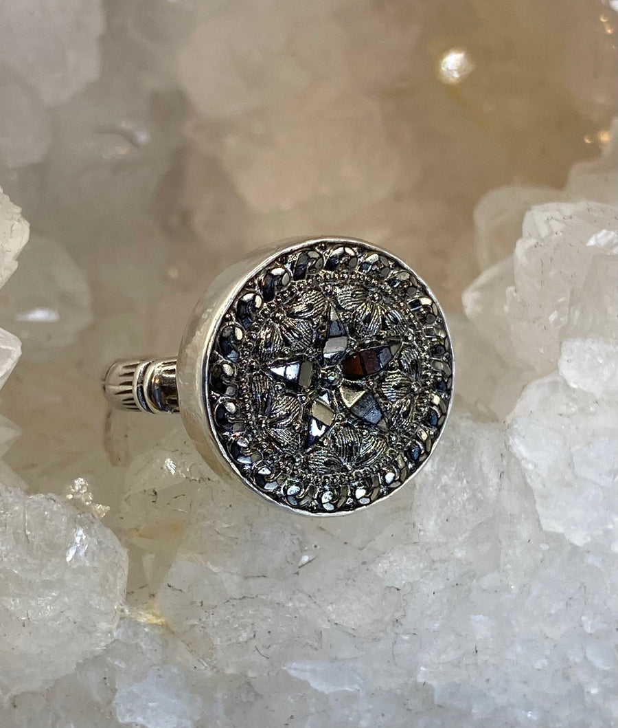 Vintage Czech Republic Luster Glass Button set in Sterling Silver Ring Size 7-1/2