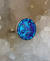 Vintage Czech Republic Luster Glass Button set in Sterling Silver Ring Size 7-1/2