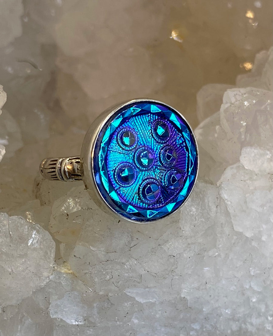 Vintage Czech Republic Luster Glass Button set in Sterling Silver Ring Size 7-1/2