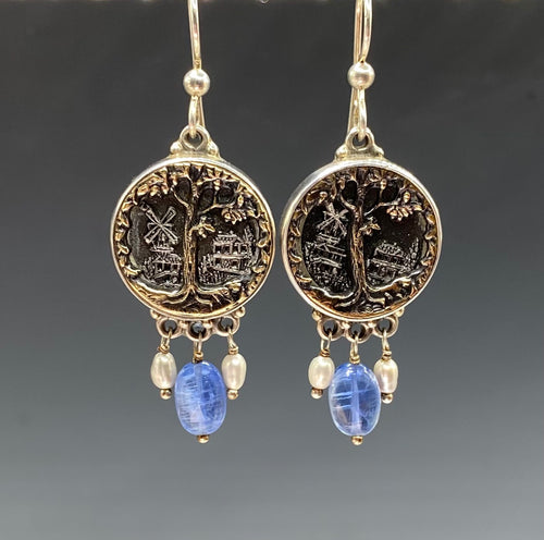 Victorian Picture Metal Charter Oak Buttons set in Sterling Silver w/ Kyanite Stone Accent