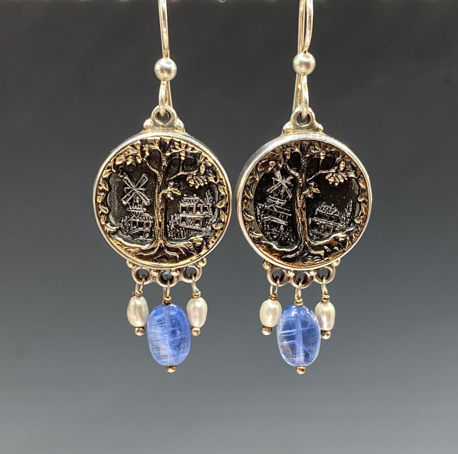 Victorian Picture Metal Charter Oak Buttons set in Sterling Silver w/ Kyanite Stone Accent