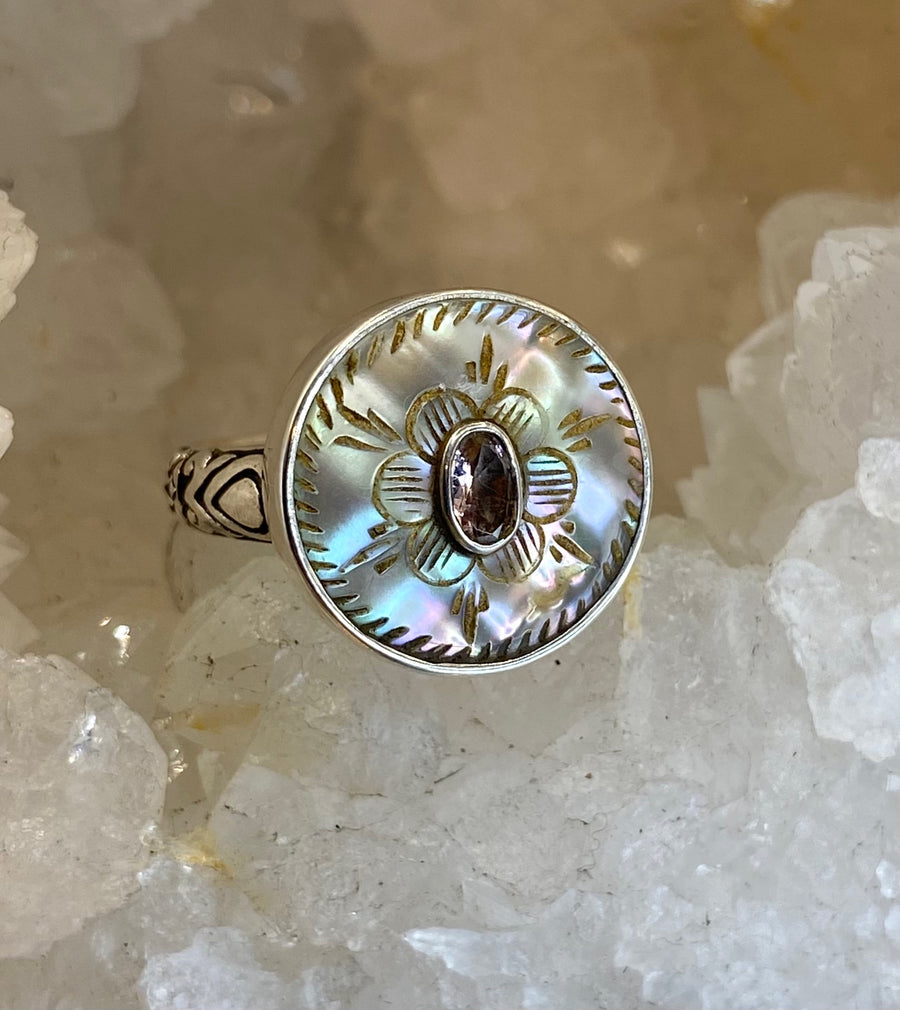 Victorian Carved Tinted Shell Button w/ Tourmaline Facet Center set in Sterling Silver Ring Size 7-1/4