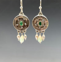 Carved Shell Buttons w/ Emerald Stone Center Buttons set in Sterling Silver w/ Ethiopian Opal & Pearl  Accent