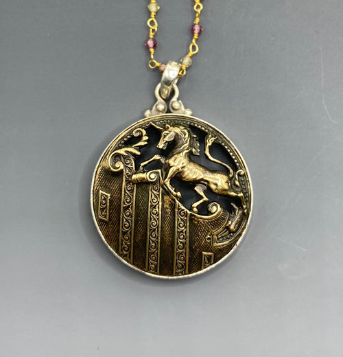 Victorian Pegasus Metal Button set in Sterling Silver Accented w/ Sapphire Facet Rosary Necklace