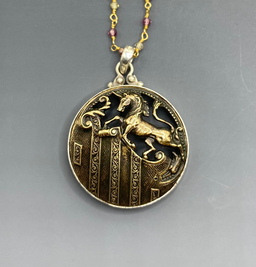 Victorian Pegasus Metal Button set in Sterling Silver Accented w/ Sapphire Facet Rosary Necklace