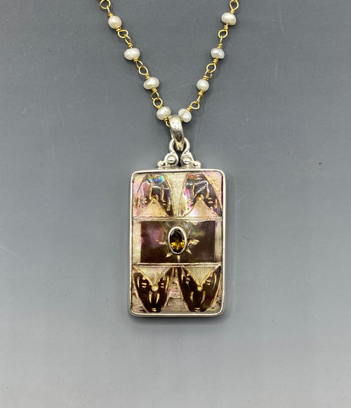 Victorian Carved Shell Button w/ Tourmaline Facet Stone Center set in Sterling Silver Accented with Pearl Rosary