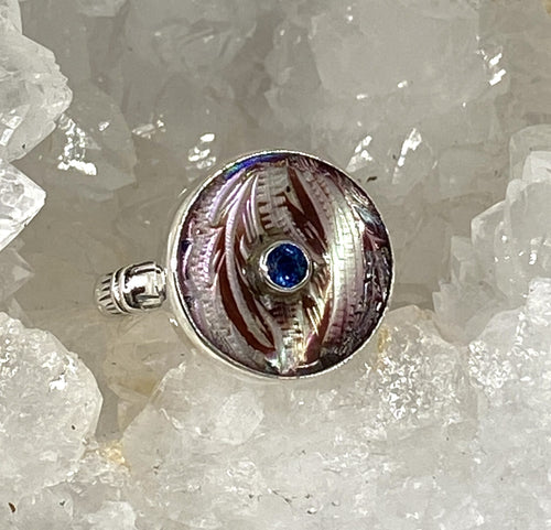 Victorian Carved Tinted Shell Pearl Button With  Topaz Center set in Sterling Silver Ring Design Size 8