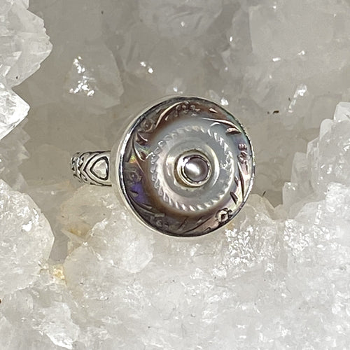Victorian Carved Tinted Shell Pearl Button With Pearl Center set in Sterling Silver Ring Design Size 8