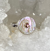 Victorian Carved Tinted Shell Pearl Button With  Tourmaline Center set in Sterling Silver Ring Design Size 8
