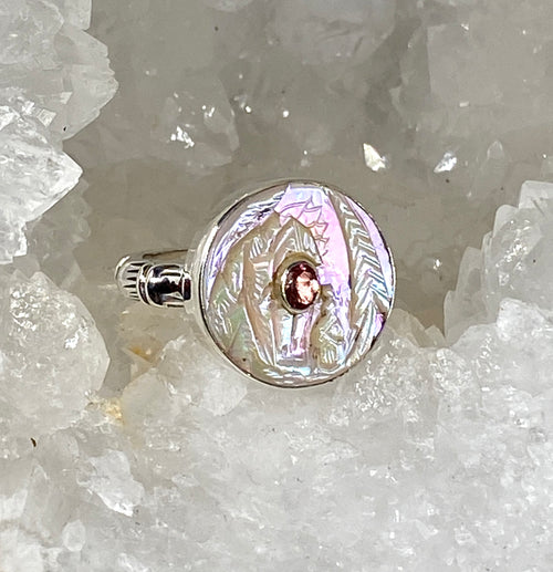 Victorian Carved Tinted Shell Pearl Button With  Tourmaline Center set in Sterling Silver Ring Design Size 8