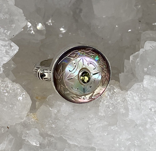 Victorian Carved Pearl Shell Button with Tourmaline Center set in Sterling Silver Ring Setting Size 8