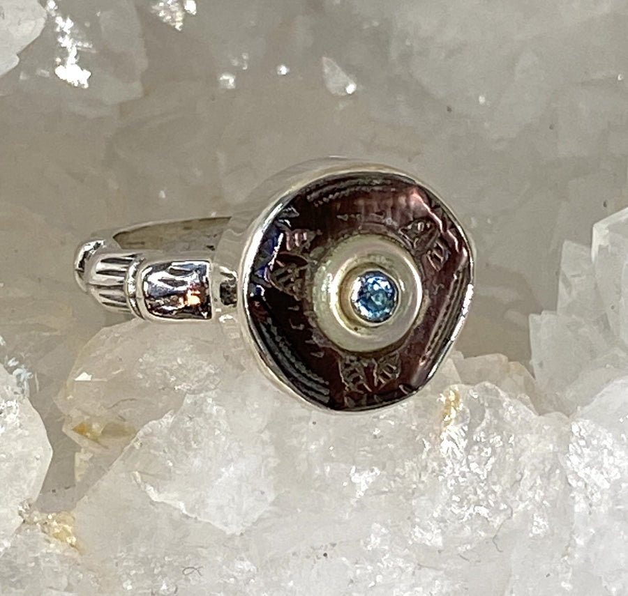 Victorian Carved Pearl Shell Button with Topaz Center set in Sterling Silver Ring Setting Size 7.5