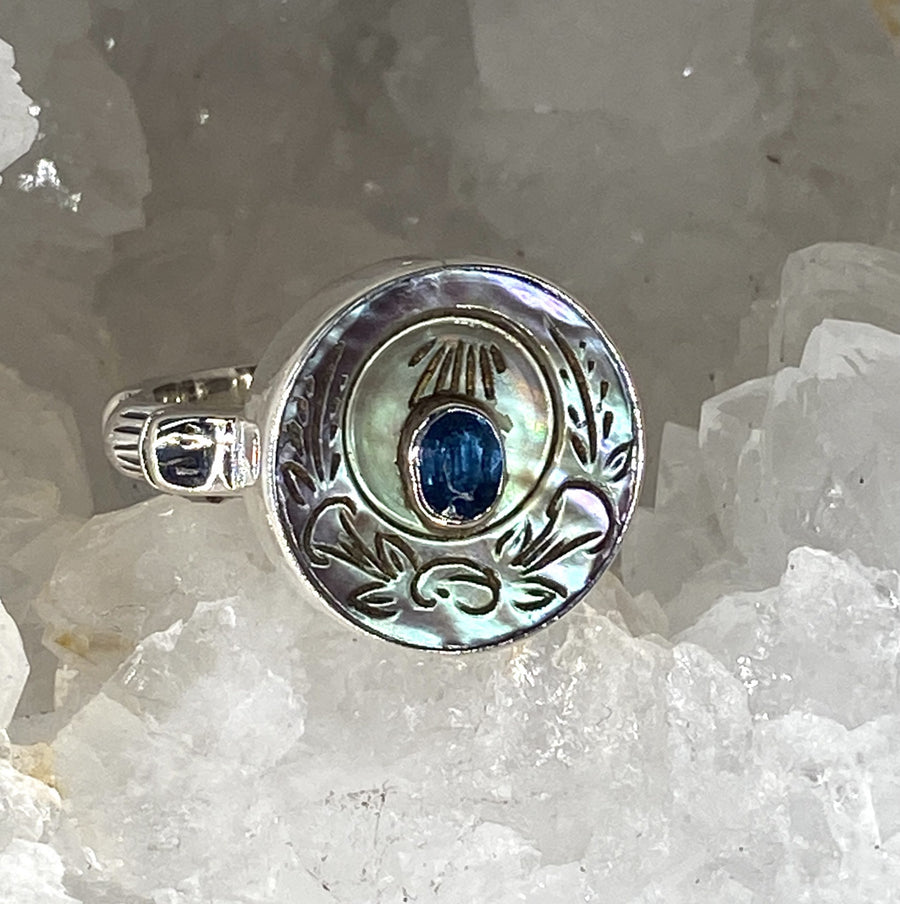 Victorian Carved Pearl Shell Button with Topaz Center set in Sterling Silver Ring Setting Size 8.5