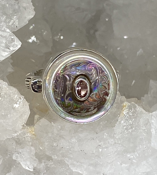 Victorian Carved Pearl Shell Button with Tourmaline Center set in Sterling Silver Ring Setting Size 8