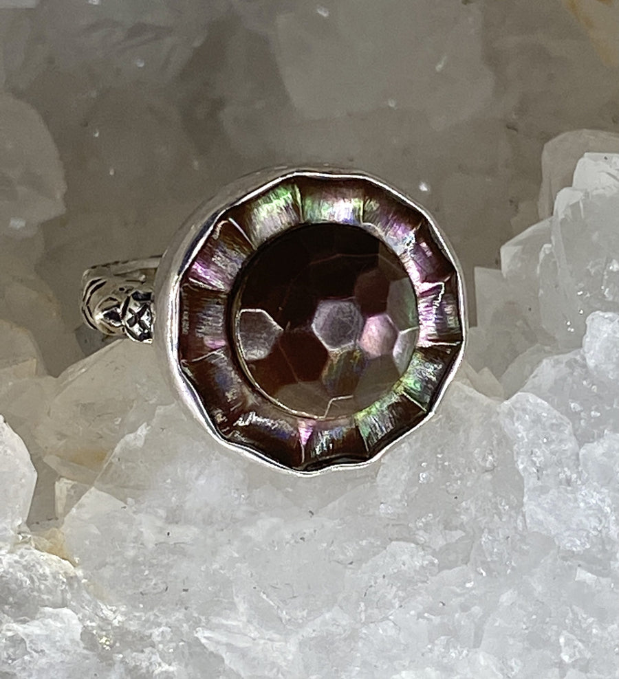 Victorian Carved Pearl Shell Button set in Sterling Silver Ring Setting Size 8