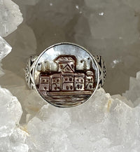 Victorian Carved Pearl Shell Button with Ornate Village Scene set in Sterling Silver Ring Setting Size 8