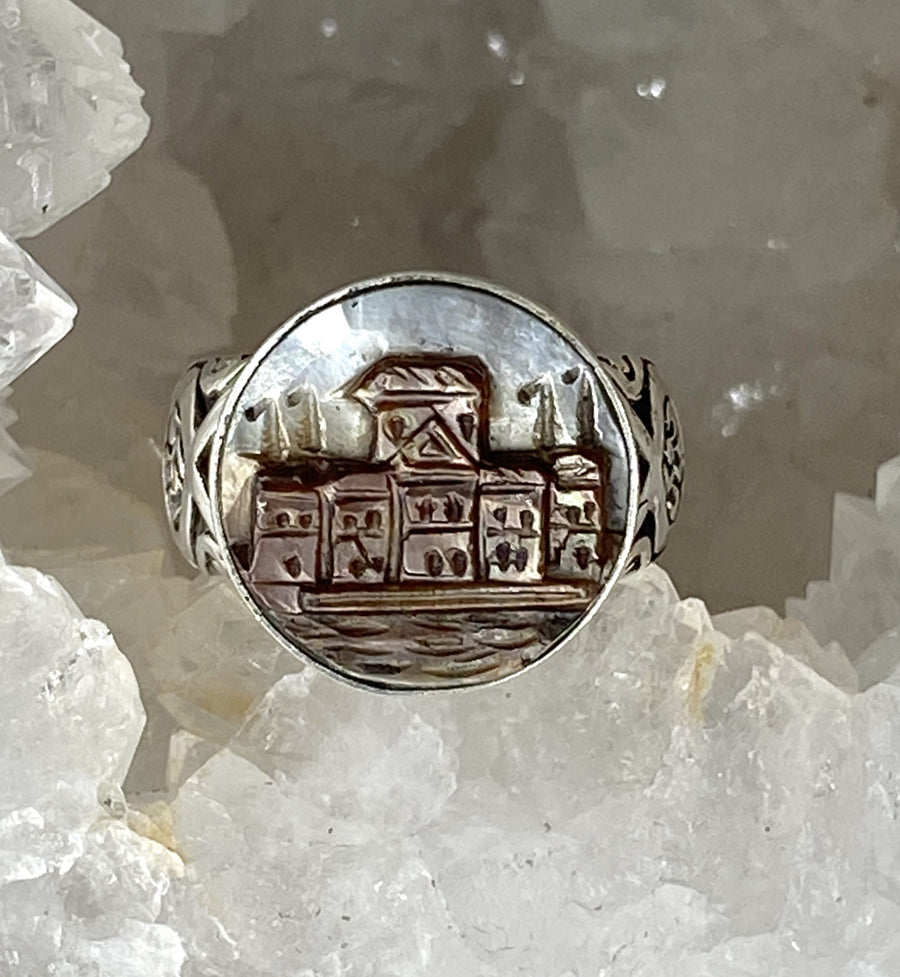 Victorian Carved Pearl Shell Button with Ornate Village Scene set in Sterling Silver Ring Setting Size 8