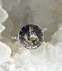 Victorian Carved Pearl Shell Button with Boat Center set in Sterling Silver Ring Setting Size 7