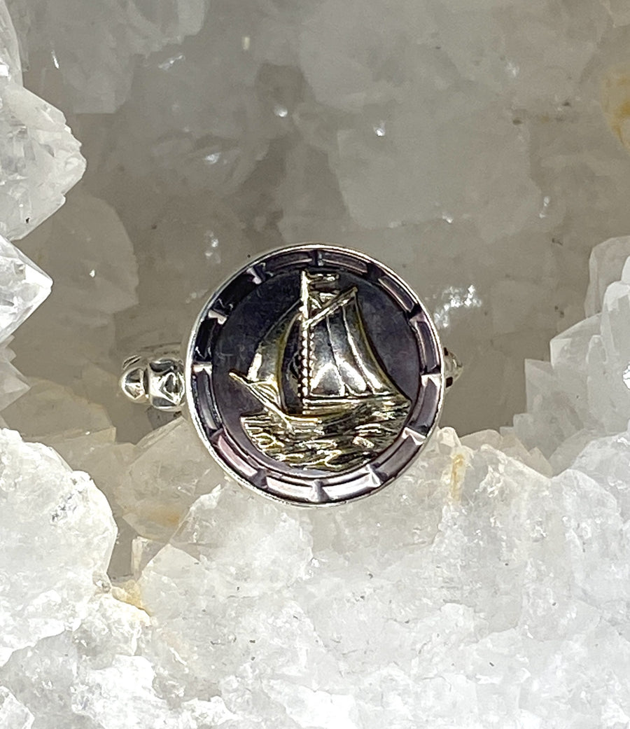 Victorian Carved Pearl Shell Button with Boat Center set in Sterling Silver Ring Setting Size 7