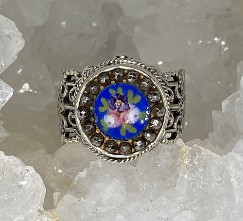 Victorian Enamel Button Set in Sterling  Filigree Silver Ring Size 7.5
