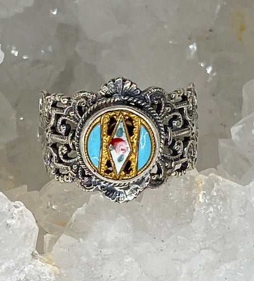 Victorian Enamel Button Set in Sterling  Filigree Silver Ring Size 7.5