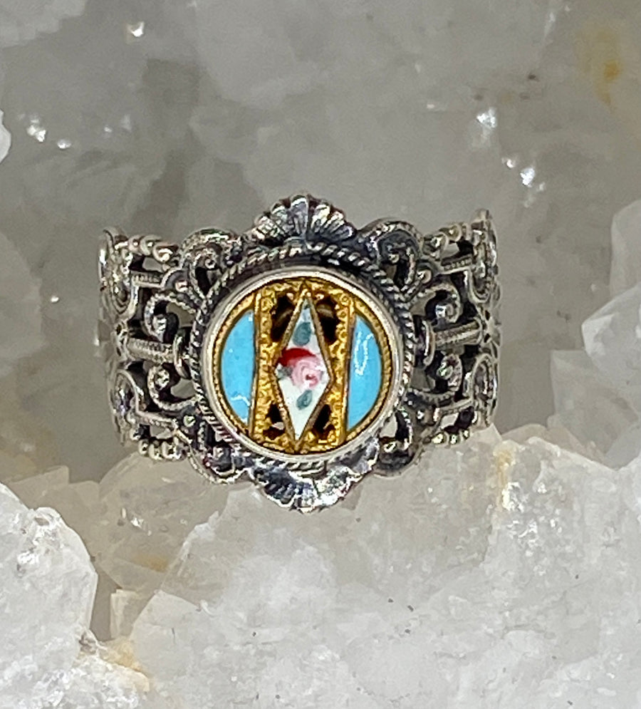 Victorian Enamel Button Set in Sterling  Filigree Silver Ring Size 7.5