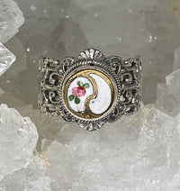 Victorian Enamel Button Set in Sterling  Filigree Silver Ring Size 7.5