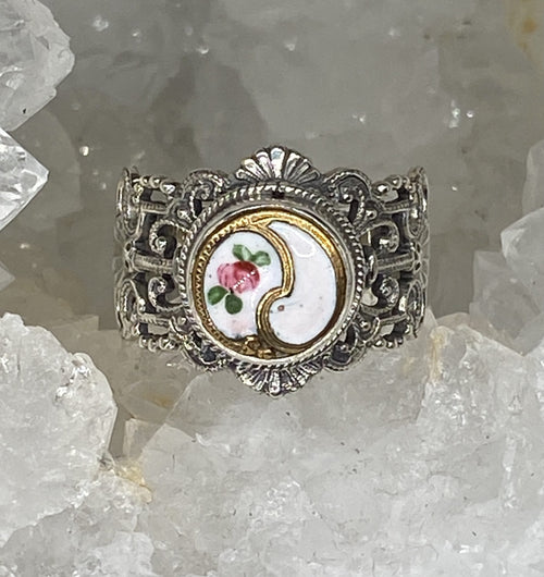 Victorian Enamel Button Set in Sterling  Filigree Silver Ring Size 7.5