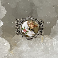 Victorian Enamel Button Set in Sterling  Filigree Silver Ring Size 7