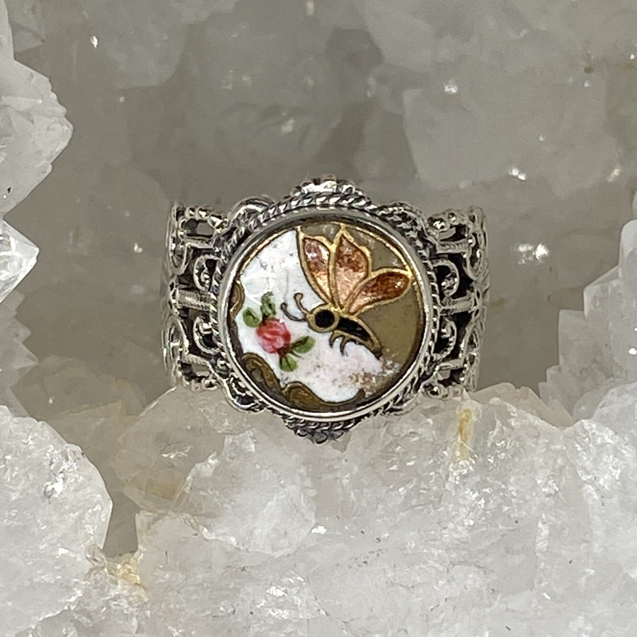 Victorian Enamel Button Set in Sterling  Filigree Silver Ring Size 7