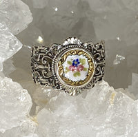Victorian Enamel Button Set in Sterling  Filigree Silver Ring Size 7.5