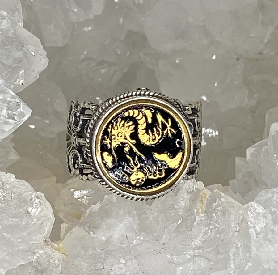 Victorian Enamel Button Set in Sterling  Filigree Silver Ring Size 7.5