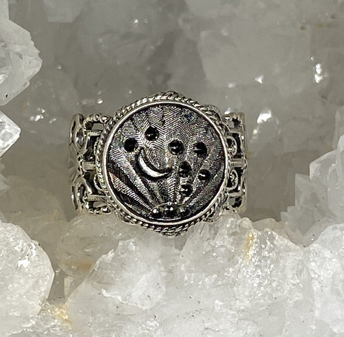Victorian Czech Glass Button Set in Sterling  Filigre SIlver Ring Size 7.5