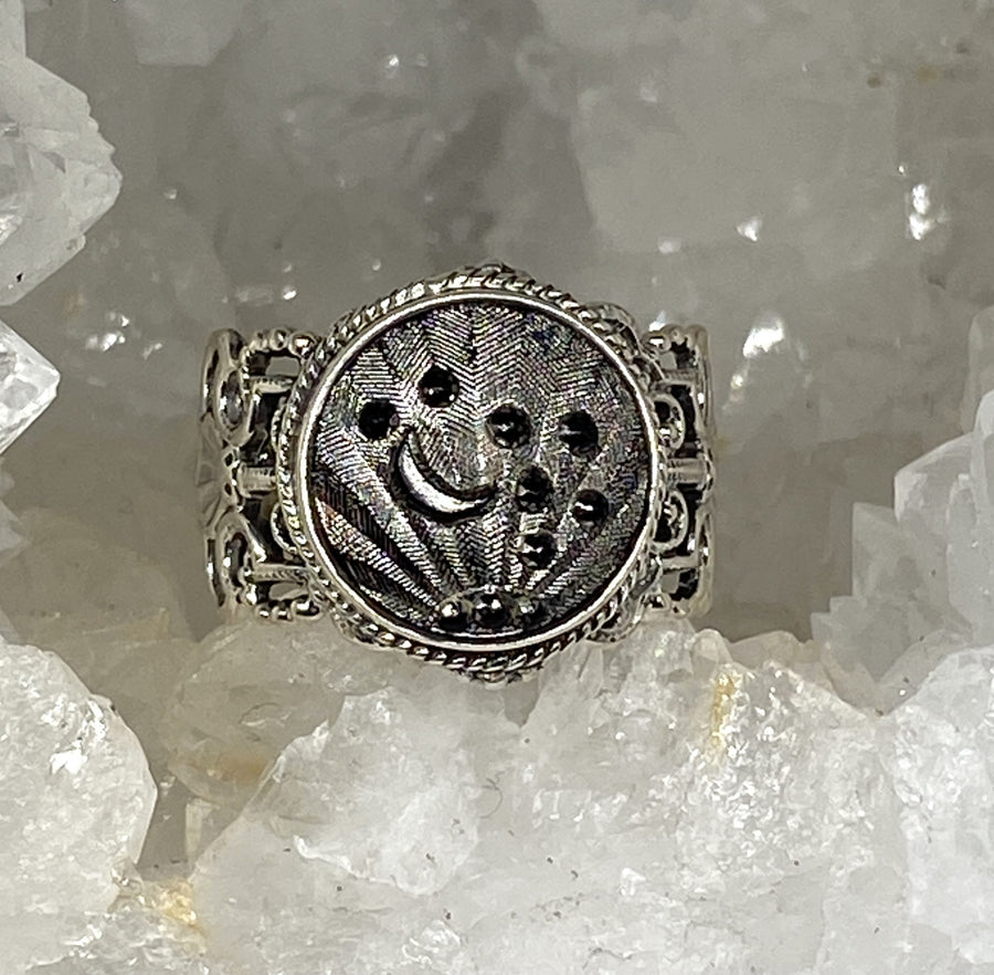 Victorian Czech Glass Button Set in Sterling  Filigre SIlver Ring Size 7.5