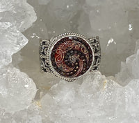 Victorian Red Czech Glass Button Set in Sterling  Filigree Silver Ring Size 7
