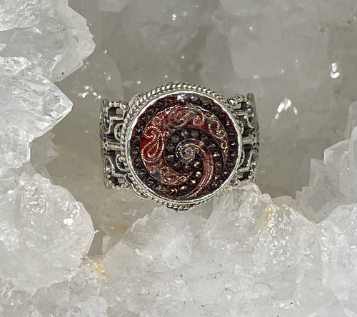 Victorian Red Czech Glass Button Set in Sterling  Filigree Silver Ring Size 7