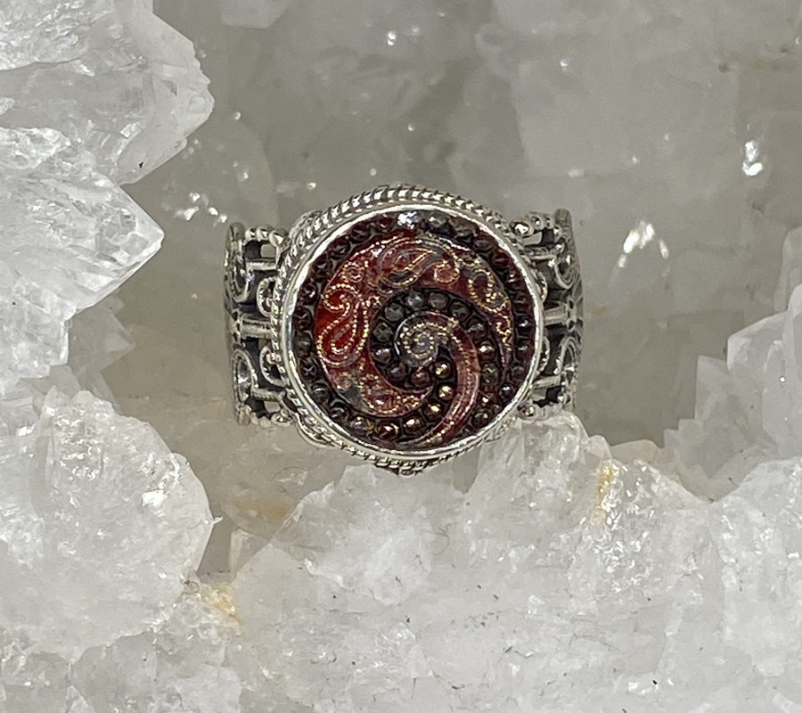 Victorian Red Czech Glass Button Set in Sterling  Filigree Silver Ring Size 7