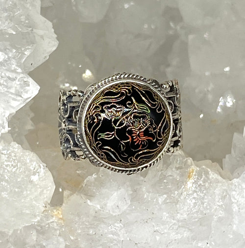 Victorian Czech Glass Button Set in Sterling  Filigree Silver Ring Size 7