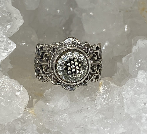 Victorian Czech Glass Button Set in Sterling  Filigree Silver Ring Size 7.5